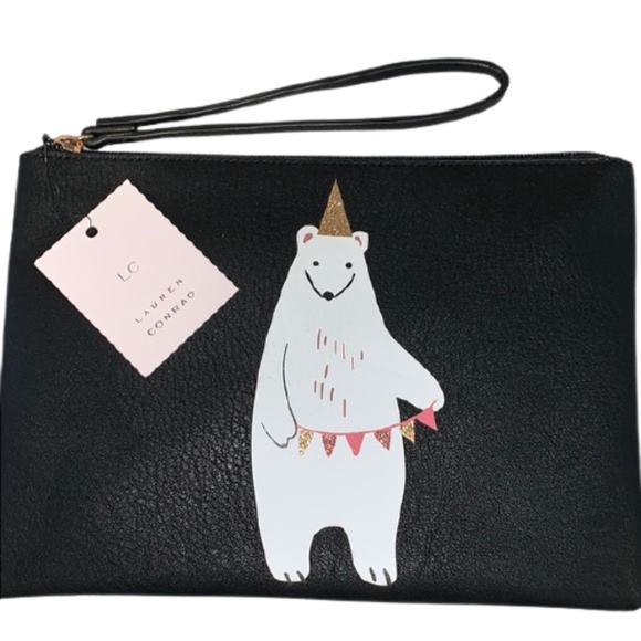 LC LAUREN CONRAD Polar Bear Wristlet Bag Pouch Makeup Clutch Travel Black - Picture 3 of 7